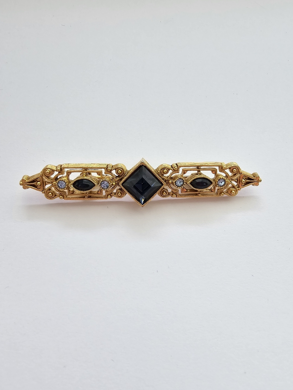 Vintage Art Deco Style Blue Crystal Bar Brooch – Russian Gold Tone – 2.5"